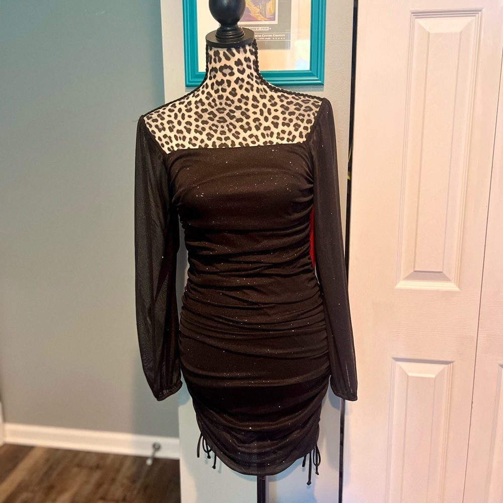 Sparkly Black Bodycon Dress with Bishop Sleeves